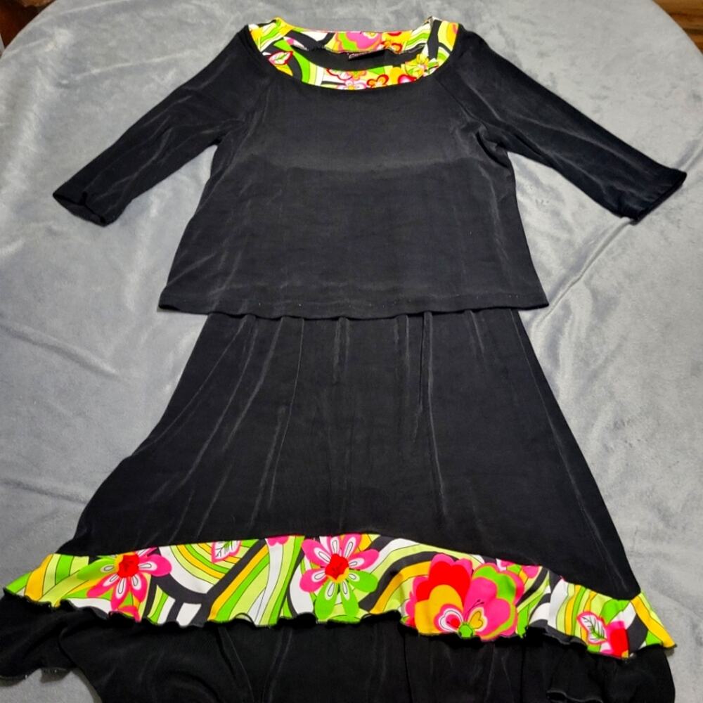 Cactus Flower Set‎ Womens Large Black Floral Gypsy Boho Midi Skirt Slinky Outfit